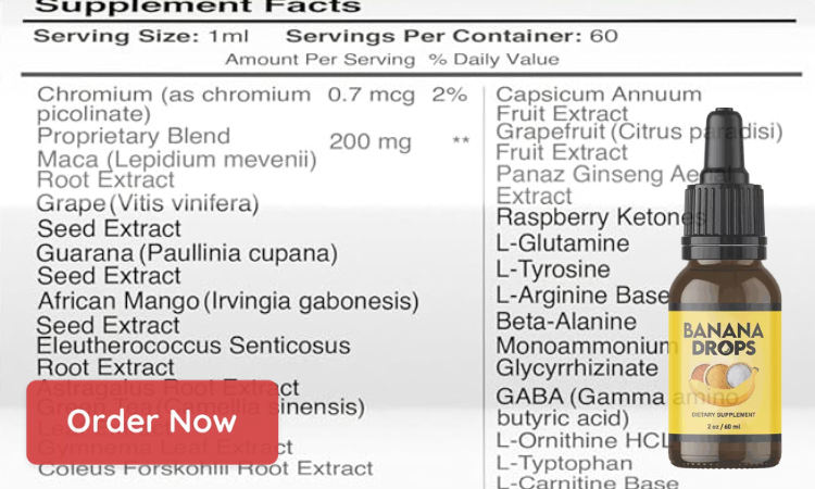 Banana Drops ingredients label with supplement facts back panel.